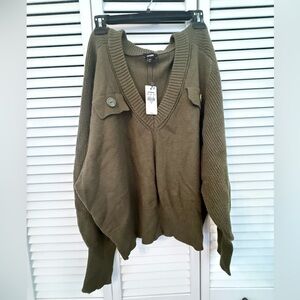 Express olive green V-neck sweater with pocket details
